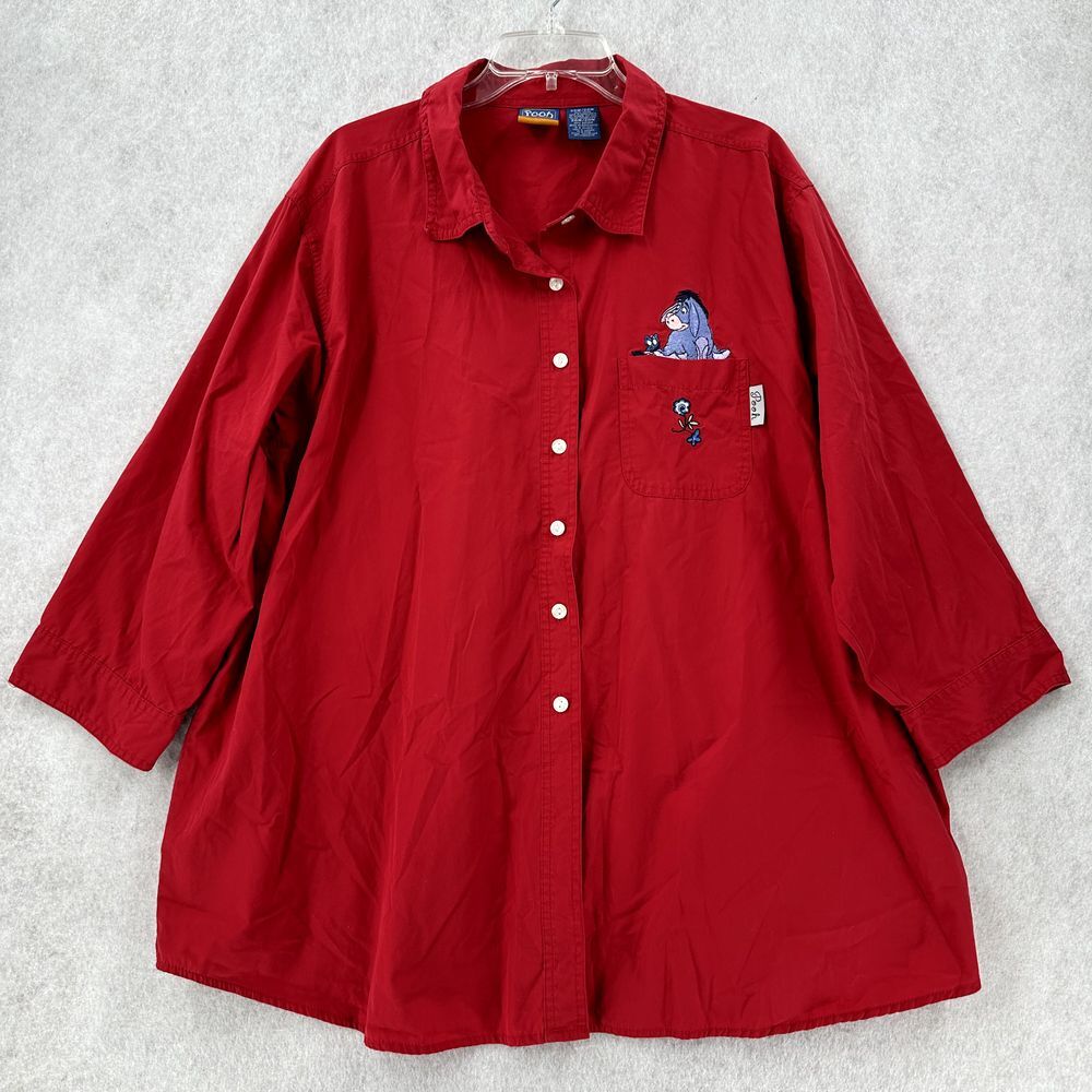 Pooh Disney Blouse 26W/28W Embroidered Eeyore Red‎ Button Shirt Top 3/4 Sleeve